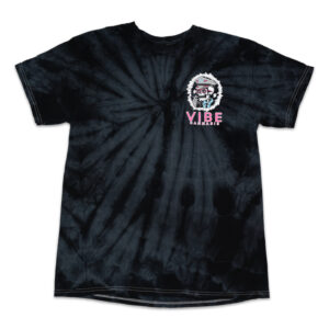 Black tie-dye T-shirt with a small left-chest graphic: a skull inside a wreath and the pink 'VIBE CANNABIS' text underneath