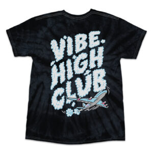 Back view of a black tie-dye T-shirt with light-blue bubbly text reading 'VIBE WITCH' and a small airplane graphic.
