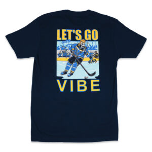 Navy T-shirt with a retro hockey illustration, a player in blue and yellow, and the bold caption LET'S GO VIBE.