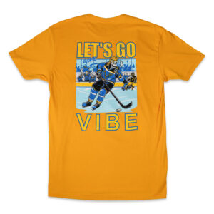 Orange t-shirt with a retro hockey graphic and the words "LET'S GO VIBE" in blue and yellow; depicts a player skating with a stick on an ice rink.